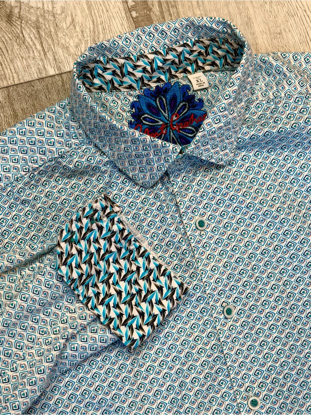 Robert Graham Dalegard Blue Geometric Flip Cuff Long Sleeve Shirt XL